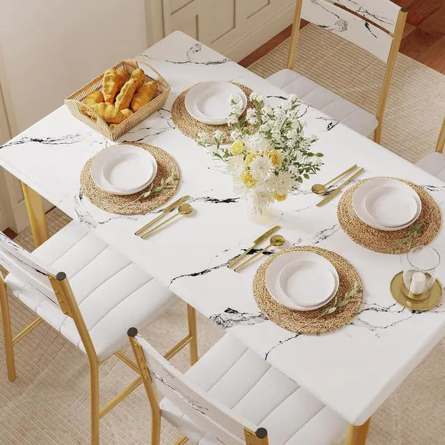 Alt view image 4 of 6 - Dining Table Set for 4, Wood Kitchen Table with Upholstered Chairs for Kitchen & Dining Room, Compact Dining Set for Small Spaces, White & Gold