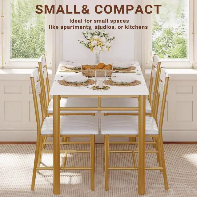 Alt view image 5 of 6 - Dining Table Set for 4, Wood Kitchen Table with Upholstered Chairs for Kitchen & Dining Room, Compact Dining Set for Small Spaces, White & Gold