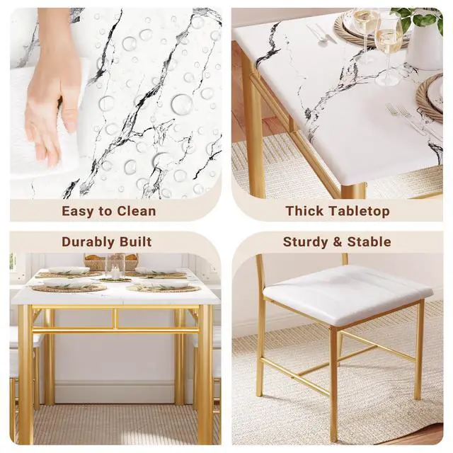 Alt view image 6 of 6 - Dining Table Set for 4, Wood Kitchen Table with Upholstered Chairs for Kitchen & Dining Room, Compact Dining Set for Small Spaces, White & Gold