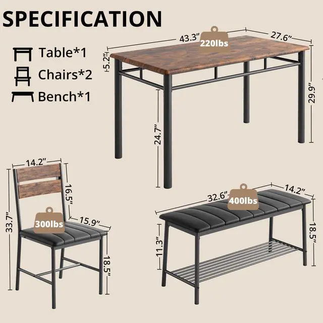 Alt view image 2 of 6 - Dining Table Set for 4, Kitchen Table with Upholstered Bench and 2 Chairs, Kitchen Table and Chairs Set for Small Space, Apartment, Rustic Brown