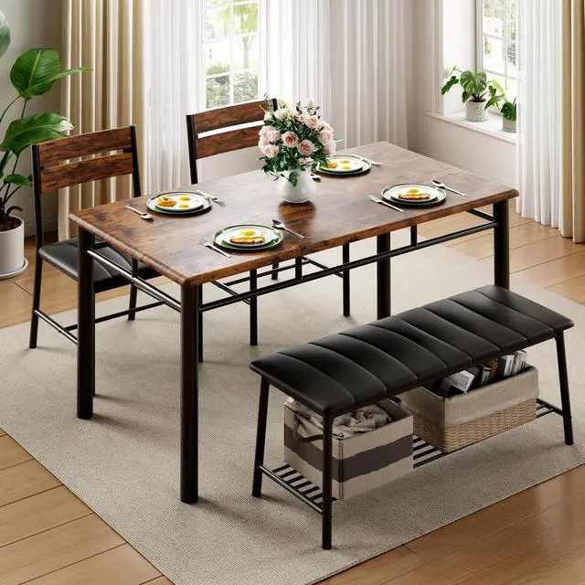 Alt view image 3 of 6 - Dining Table Set for 4, Kitchen Table with Upholstered Bench and 2 Chairs, Kitchen Table and Chairs Set for Small Space, Apartment, Rustic Brown