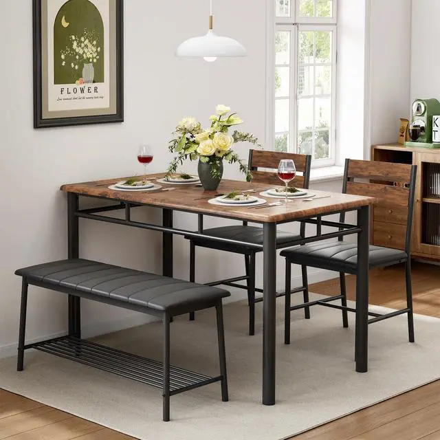 Alt view image 4 of 6 - Dining Table Set for 4, Kitchen Table with Upholstered Bench and 2 Chairs, Kitchen Table and Chairs Set for Small Space, Apartment, Rustic Brown