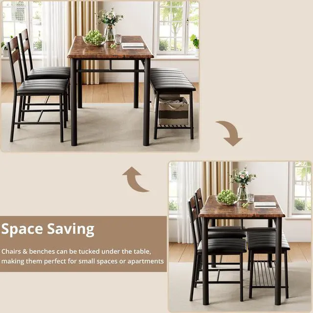 Alt view image 6 of 6 - Dining Table Set for 4, Kitchen Table with Upholstered Bench and 2 Chairs, Kitchen Table and Chairs Set for Small Space, Apartment, Rustic Brown