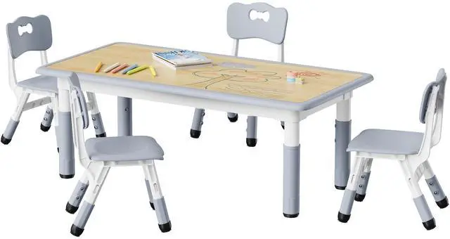 Main image of Height Adjustable Toddler Table and 4 Chairs Set, Grey | Table Supports 300 lbs, Graffiti Desktop, Non-Slip Legs, Classroom/Daycare/Home, Children Multi-Activity Table for Ages 3-8