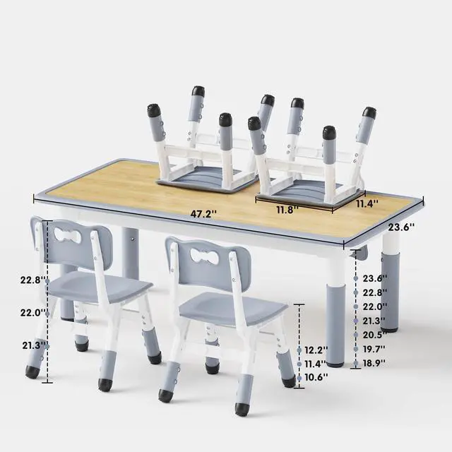Alt view image 2 of 6 - Height Adjustable Toddler Table and 4 Chairs Set, Grey | Table Supports 300 lbs, Graffiti Desktop, Non-Slip Legs, Classroom/Daycare/Home, Children Multi-Activity Table for Ages 3-8