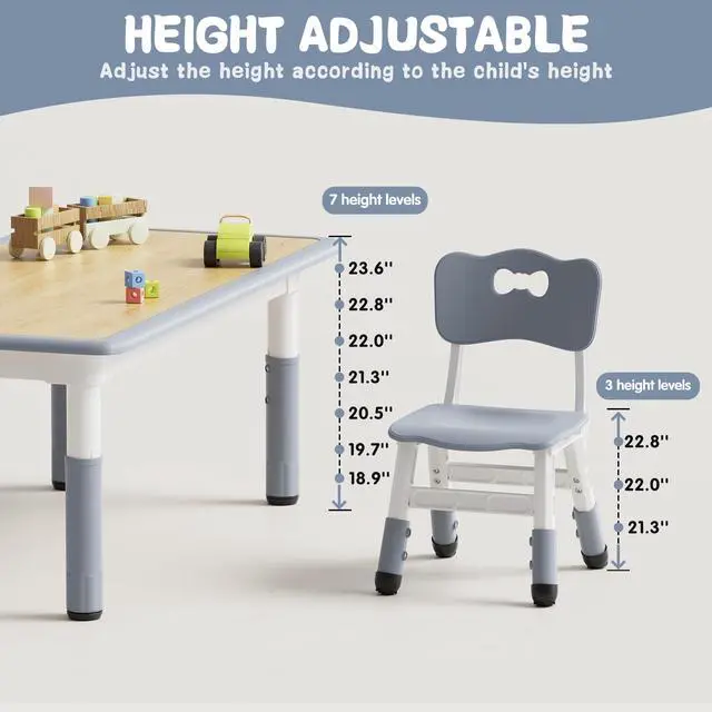 Alt view image 3 of 6 - Height Adjustable Toddler Table and 4 Chairs Set, Grey | Table Supports 300 lbs, Graffiti Desktop, Non-Slip Legs, Classroom/Daycare/Home, Children Multi-Activity Table for Ages 3-8