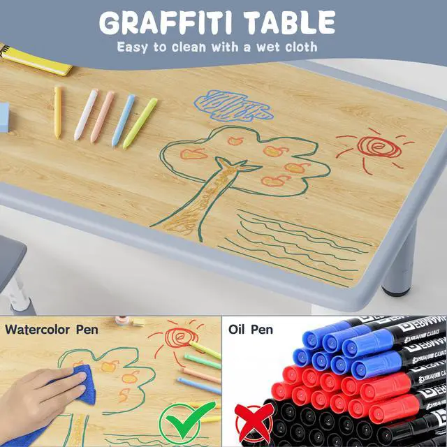 Alt view image 4 of 6 - Height Adjustable Toddler Table and 4 Chairs Set, Grey | Table Supports 300 lbs, Graffiti Desktop, Non-Slip Legs, Classroom/Daycare/Home, Children Multi-Activity Table for Ages 3-8