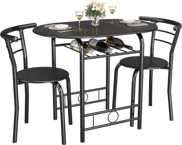 Main image of 3-Piece Wooden Round Table & Chair Set, Space Saving Kitchen Breakfast Nook Wood Grain Tabletop with Metal Frame and Built-in Wine Rack for Kitchen, Dining Room (Black)