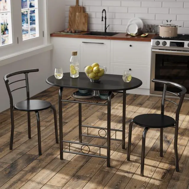 Alt view image 2 of 6 - 3-Piece Wooden Round Table & Chair Set, Space Saving Kitchen Breakfast Nook Wood Grain Tabletop with Metal Frame and Built-in Wine Rack for Kitchen, Dining Room (Black)