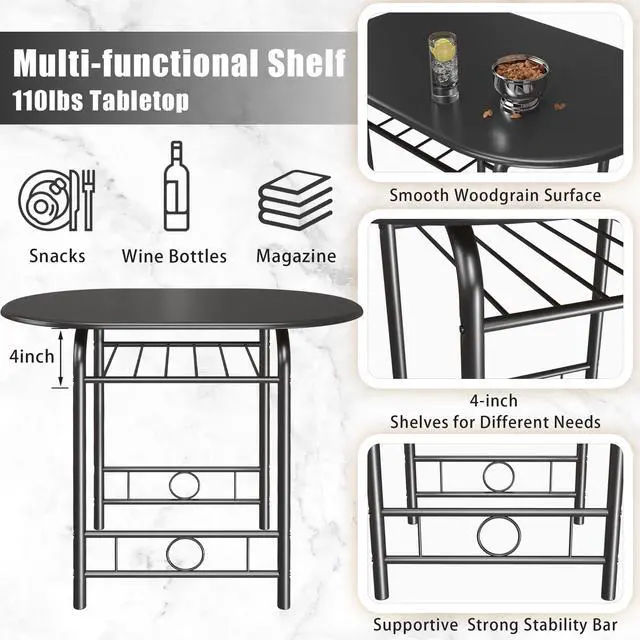 Alt view image 4 of 6 - 3-Piece Wooden Round Table & Chair Set, Space Saving Kitchen Breakfast Nook Wood Grain Tabletop with Metal Frame and Built-in Wine Rack for Kitchen, Dining Room (Black)