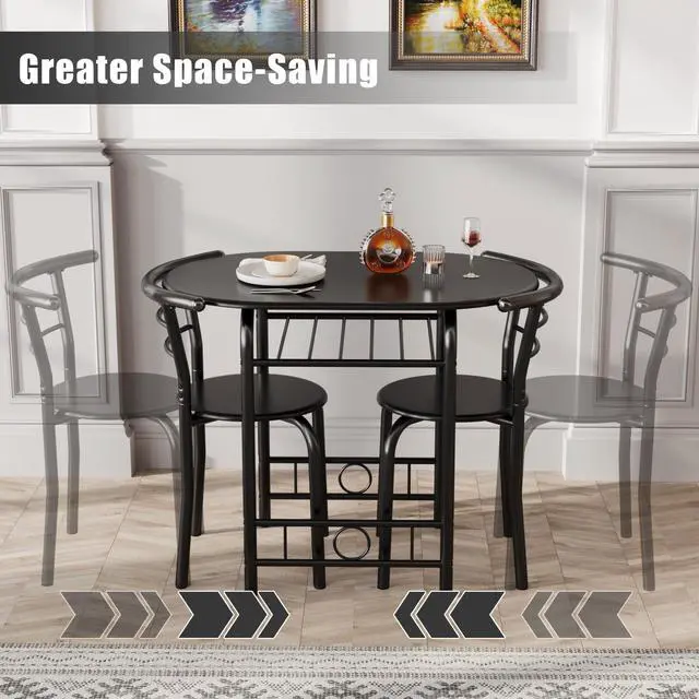 Alt view image 5 of 6 - 3-Piece Wooden Round Table & Chair Set, Space Saving Kitchen Breakfast Nook Wood Grain Tabletop with Metal Frame and Built-in Wine Rack for Kitchen, Dining Room (Black)
