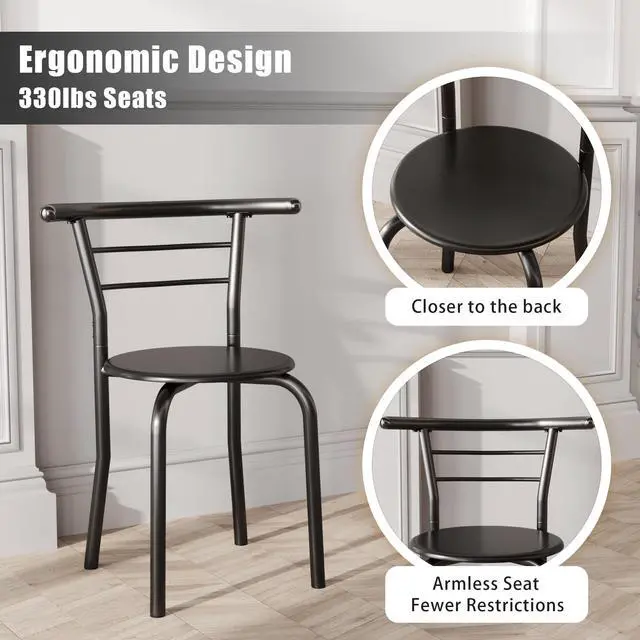 Alt view image 6 of 6 - 3-Piece Wooden Round Table & Chair Set, Space Saving Kitchen Breakfast Nook Wood Grain Tabletop with Metal Frame and Built-in Wine Rack for Kitchen, Dining Room (Black)