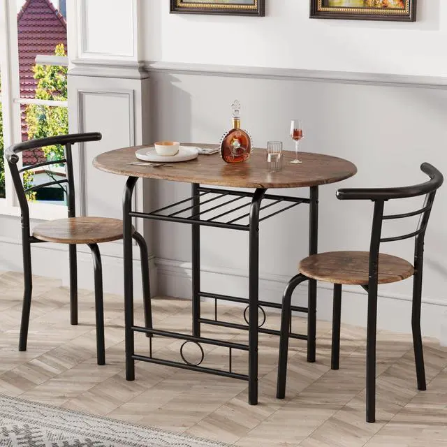 Alt view image 2 of 6 - 3-Piece Wooden Round Table & Chair Set, Space Saving Kitchen Breakfast Nook Wood Grain Tabletop with Metal Frame and Built-in Wine Rack for Kitchen, Dining Room (Brown/Black)