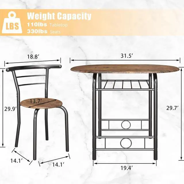 Alt view image 3 of 6 - 3-Piece Wooden Round Table & Chair Set, Space Saving Kitchen Breakfast Nook Wood Grain Tabletop with Metal Frame and Built-in Wine Rack for Kitchen, Dining Room (Brown/Black)