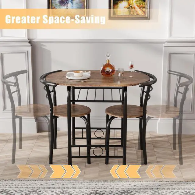Alt view image 4 of 6 - 3-Piece Wooden Round Table & Chair Set, Space Saving Kitchen Breakfast Nook Wood Grain Tabletop with Metal Frame and Built-in Wine Rack for Kitchen, Dining Room (Brown/Black)