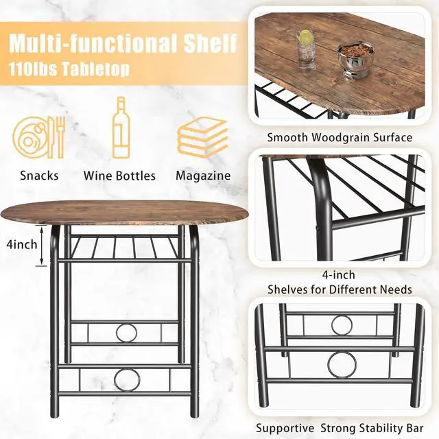 Alt view image 5 of 6 - 3-Piece Wooden Round Table & Chair Set, Space Saving Kitchen Breakfast Nook Wood Grain Tabletop with Metal Frame and Built-in Wine Rack for Kitchen, Dining Room (Brown/Black)
