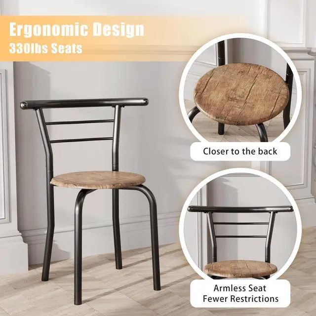 Alt view image 6 of 6 - 3-Piece Wooden Round Table & Chair Set, Space Saving Kitchen Breakfast Nook Wood Grain Tabletop with Metal Frame and Built-in Wine Rack for Kitchen, Dining Room (Brown/Black)