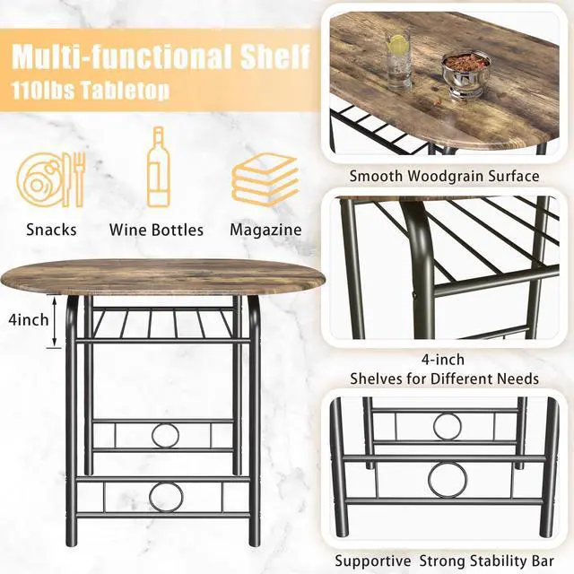 Alt view image 4 of 6 - 3-Piece Wooden Round Table & Chair Set, Space Saving Kitchen Breakfast Nook Wood Grain Tabletop with Metal Frame and Built-in Wine Rack for Kitchen, Dining Room (Walnut/Black)