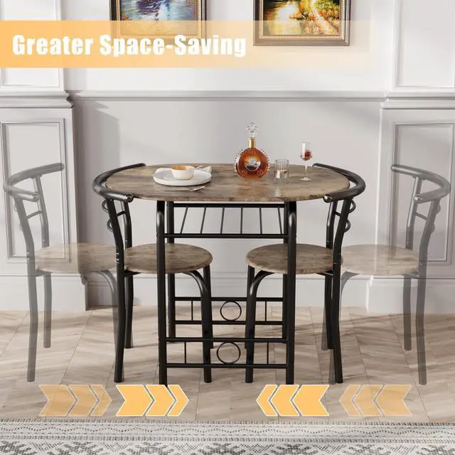 Alt view image 5 of 6 - 3-Piece Wooden Round Table & Chair Set, Space Saving Kitchen Breakfast Nook Wood Grain Tabletop with Metal Frame and Built-in Wine Rack for Kitchen, Dining Room (Walnut/Black)