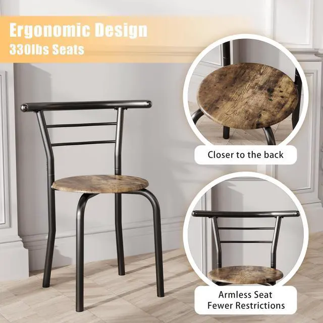 Alt view image 6 of 6 - 3-Piece Wooden Round Table & Chair Set, Space Saving Kitchen Breakfast Nook Wood Grain Tabletop with Metal Frame and Built-in Wine Rack for Kitchen, Dining Room (Walnut/Black)