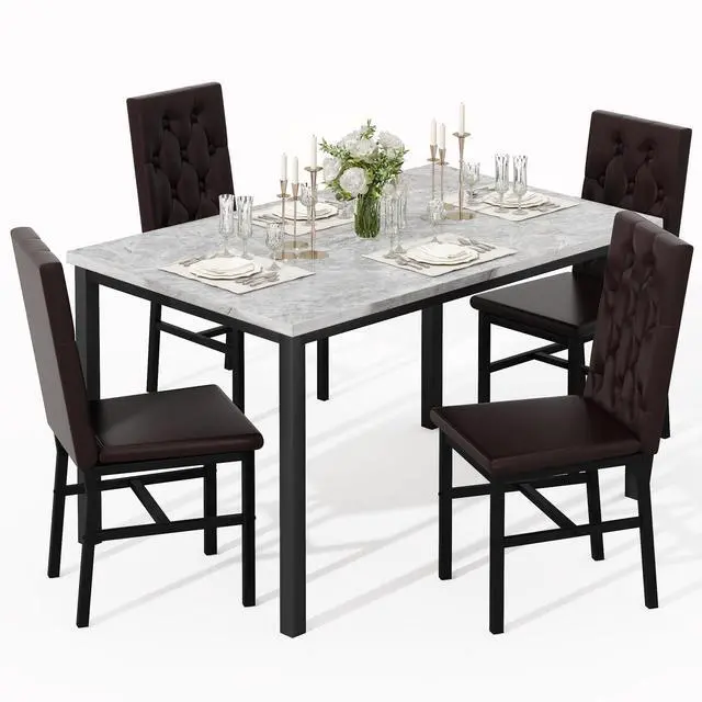 Main image of Dining Table Set for 4, Faux Marble Small Kitchen Table Chairs Set of 4 with Luxurious Button Tufted Dinner Chairs for Kitchen and Dining(Brown)