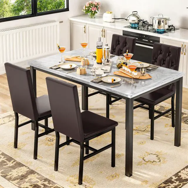 Alt view image 2 of 6 - Dining Table Set for 4, Faux Marble Small Kitchen Table Chairs Set of 4 with Luxurious Button Tufted Dinner Chairs for Kitchen and Dining(Brown)