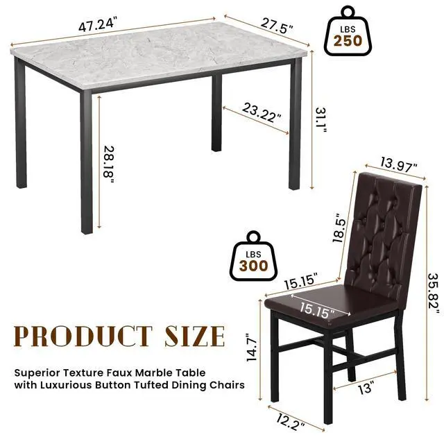 Alt view image 3 of 6 - Dining Table Set for 4, Faux Marble Small Kitchen Table Chairs Set of 4 with Luxurious Button Tufted Dinner Chairs for Kitchen and Dining(Brown)