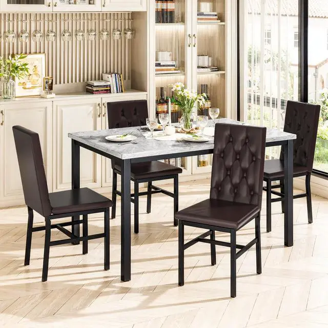 Alt view image 4 of 6 - Dining Table Set for 4, Faux Marble Small Kitchen Table Chairs Set of 4 with Luxurious Button Tufted Dinner Chairs for Kitchen and Dining(Brown)