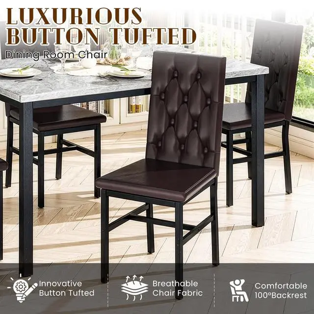 Alt view image 6 of 6 - Dining Table Set for 4, Faux Marble Small Kitchen Table Chairs Set of 4 with Luxurious Button Tufted Dinner Chairs for Kitchen and Dining(Brown)