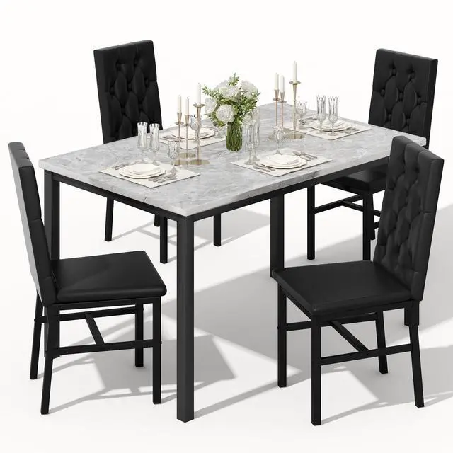 Main image of Dining Table Set for 4, Faux Marble Small Kitchen Table Chairs Set of 4 with Luxurious Button Tufted Dinner Chairs for Kitchen and Dining (Gray)