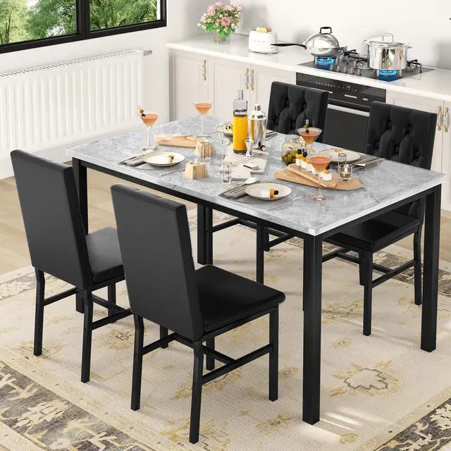 Alt view image 2 of 6 - Dining Table Set for 4, Faux Marble Small Kitchen Table Chairs Set of 4 with Luxurious Button Tufted Dinner Chairs for Kitchen and Dining (Gray)