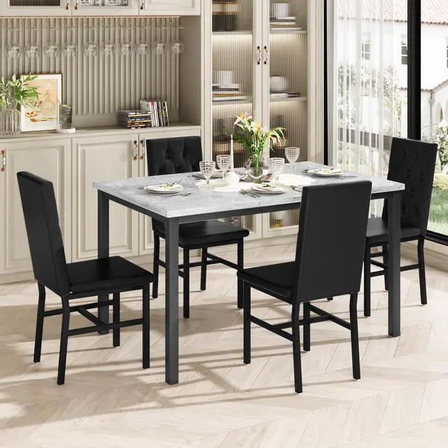 Alt view image 3 of 6 - Dining Table Set for 4, Faux Marble Small Kitchen Table Chairs Set of 4 with Luxurious Button Tufted Dinner Chairs for Kitchen and Dining (Gray)