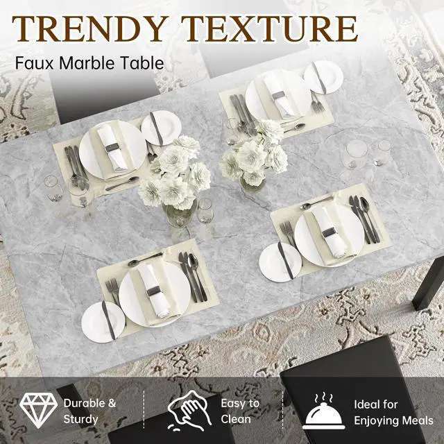 Alt view image 4 of 6 - Dining Table Set for 4, Faux Marble Small Kitchen Table Chairs Set of 4 with Luxurious Button Tufted Dinner Chairs for Kitchen and Dining (Gray)