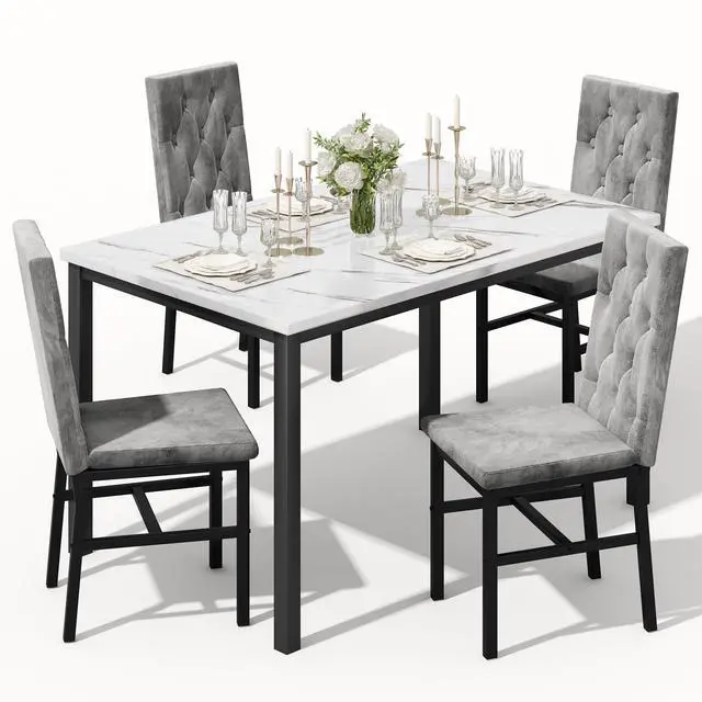 Main image of Dining Table Set for 4, Faux Marble Small Kitchen Table Chairs Set of 4 with Luxurious Button Tufted Dinner Chairs for Kitchen and Dining