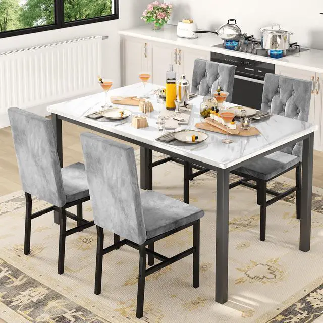 Alt view image 2 of 6 - Dining Table Set for 4, Faux Marble Small Kitchen Table Chairs Set of 4 with Luxurious Button Tufted Dinner Chairs for Kitchen and Dining