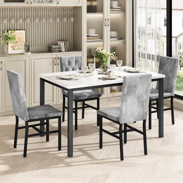 Alt view image 3 of 6 - Dining Table Set for 4, Faux Marble Small Kitchen Table Chairs Set of 4 with Luxurious Button Tufted Dinner Chairs for Kitchen and Dining