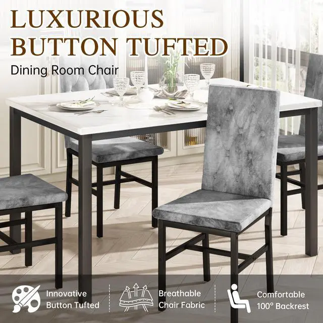 Alt view image 5 of 6 - Dining Table Set for 4, Faux Marble Small Kitchen Table Chairs Set of 4 with Luxurious Button Tufted Dinner Chairs for Kitchen and Dining