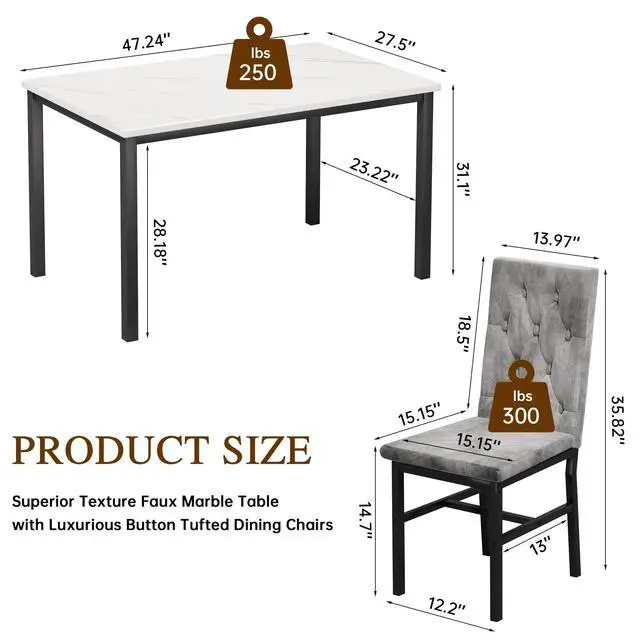 Alt view image 6 of 6 - Dining Table Set for 4, Faux Marble Small Kitchen Table Chairs Set of 4 with Luxurious Button Tufted Dinner Chairs for Kitchen and Dining