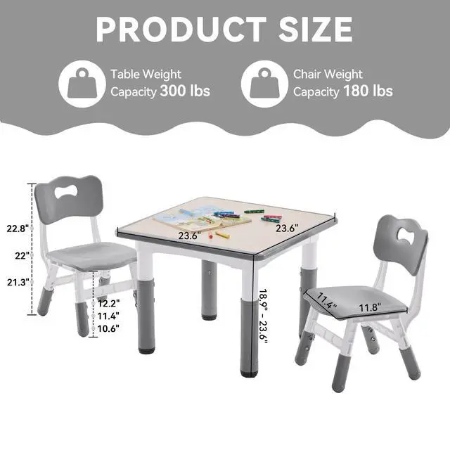 Alt view image 3 of 5 - Kids Study Table and Chairs Set, Height Adjustable Toddler Table and Chair Set for Kids Ages 3-8, 23.6" L x 23.6" W Graffiti Desktop Plastic Children Art Table with 2 Seats, W-Grey