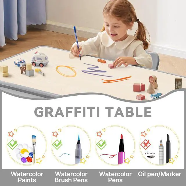 Alt view image 4 of 5 - Kids Study Table and Chairs Set, Height Adjustable Toddler Table and Chair Set for Kids Ages 3-8, 23.6" L x 23.6" W Graffiti Desktop Plastic Children Art Table with 2 Seats, W-Grey