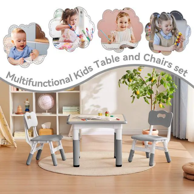Alt view image 5 of 5 - Kids Study Table and Chairs Set, Height Adjustable Toddler Table and Chair Set for Kids Ages 3-8, 23.6" L x 23.6" W Graffiti Desktop Plastic Children Art Table with 2 Seats, W-Grey