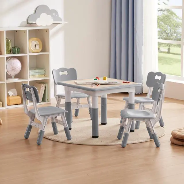 Main image of Kids Study Table and Chairs Set, Height Adjustable Toddler Table and Chair Set for Kids Ages 3-8, 23.6" L x 23.6" W Graffiti Desktop Plastic Children Art Table with 4 Seats, W-Grey