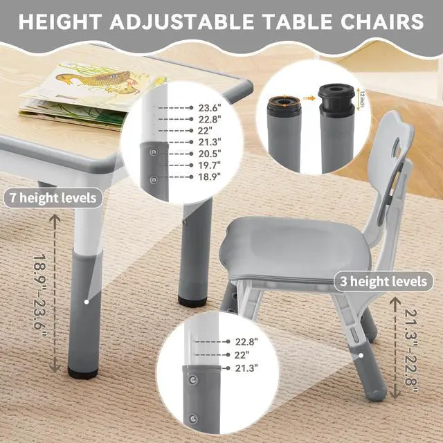 Alt view image 2 of 5 - Kids Study Table and Chairs Set, Height Adjustable Toddler Table and Chair Set for Kids Ages 3-8, 23.6" L x 23.6" W Graffiti Desktop Plastic Children Art Table with 4 Seats, W-Grey