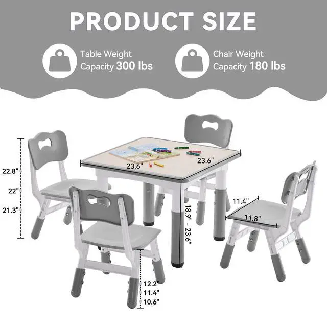 Alt view image 3 of 5 - Kids Study Table and Chairs Set, Height Adjustable Toddler Table and Chair Set for Kids Ages 3-8, 23.6" L x 23.6" W Graffiti Desktop Plastic Children Art Table with 4 Seats, W-Grey