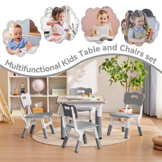 Alt view image 5 of 5 - Kids Study Table and Chairs Set, Height Adjustable Toddler Table and Chair Set for Kids Ages 3-8, 23.6" L x 23.6" W Graffiti Desktop Plastic Children Art Table with 4 Seats, W-Grey