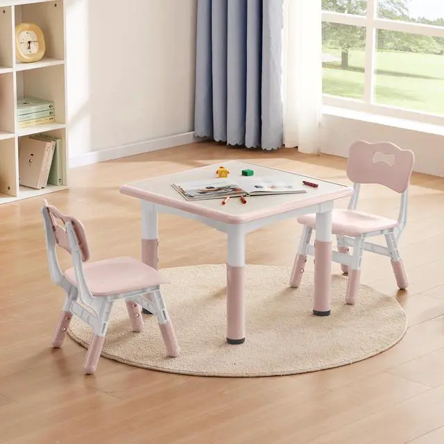 Main image of Kids Study Table and Chairs Set, Height Adjustable Toddler Table and Chair Set for Kids Ages 3-8, 23.6" L x 23.6" W Graffiti Desktop Plastic Children Art Table with 2 Seats, W-Pink