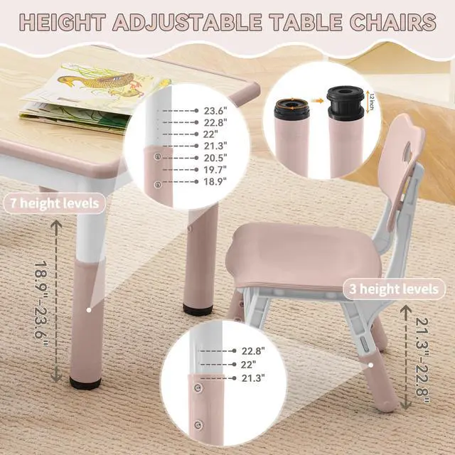 Alt view image 2 of 5 - Kids Study Table and Chairs Set, Height Adjustable Toddler Table and Chair Set for Kids Ages 3-8, 23.6" L x 23.6" W Graffiti Desktop Plastic Children Art Table with 2 Seats, W-Pink