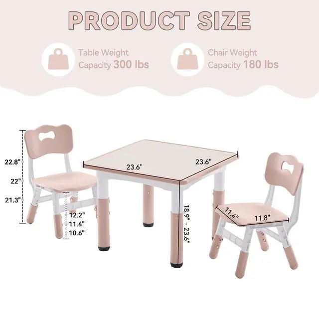 Alt view image 3 of 5 - Kids Study Table and Chairs Set, Height Adjustable Toddler Table and Chair Set for Kids Ages 3-8, 23.6" L x 23.6" W Graffiti Desktop Plastic Children Art Table with 2 Seats, W-Pink