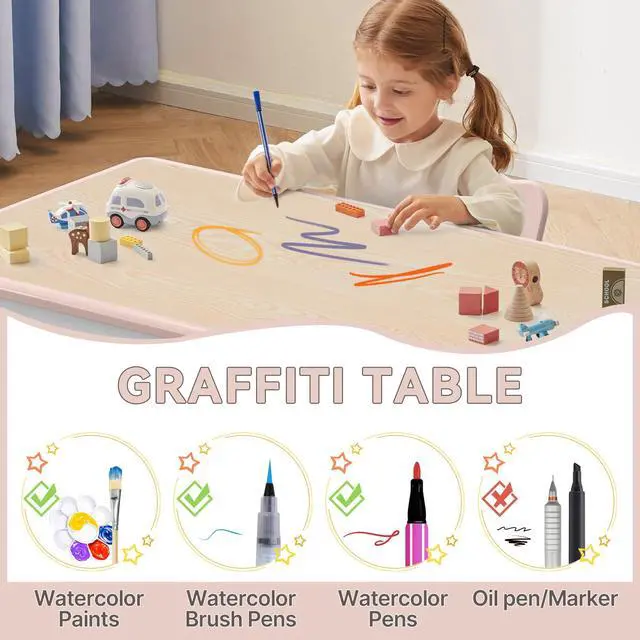 Alt view image 4 of 5 - Kids Study Table and Chairs Set, Height Adjustable Toddler Table and Chair Set for Kids Ages 3-8, 23.6" L x 23.6" W Graffiti Desktop Plastic Children Art Table with 2 Seats, W-Pink