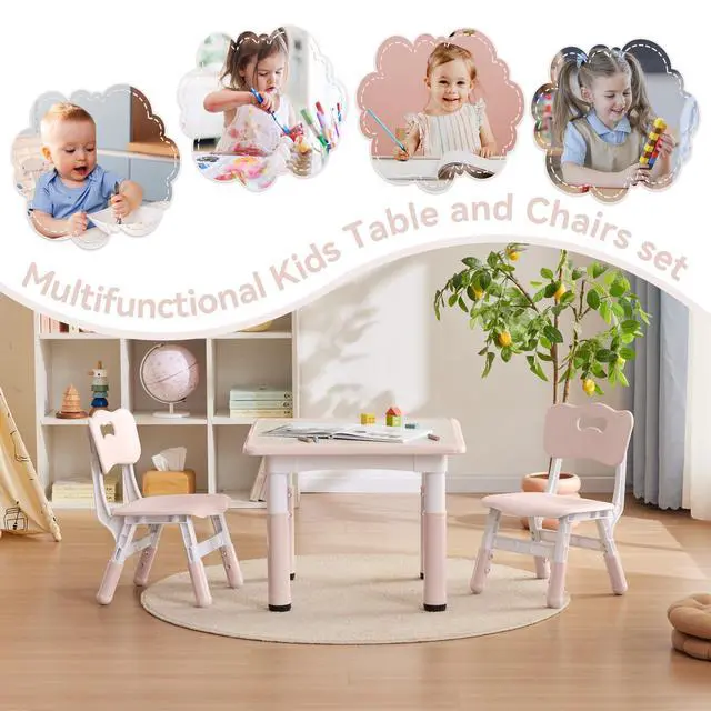 Alt view image 5 of 5 - Kids Study Table and Chairs Set, Height Adjustable Toddler Table and Chair Set for Kids Ages 3-8, 23.6" L x 23.6" W Graffiti Desktop Plastic Children Art Table with 2 Seats, W-Pink